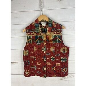 Vintage Touch O Blue Vest Womens Large Red Aztec Southwestern Button Up 90s USA